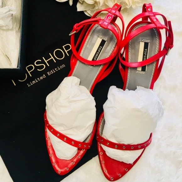 TOPSHOP Studded Limited Edition “Paisley” Leather Ankle Heels Red EU 39 / US 8.5 - Picture 3 of 15